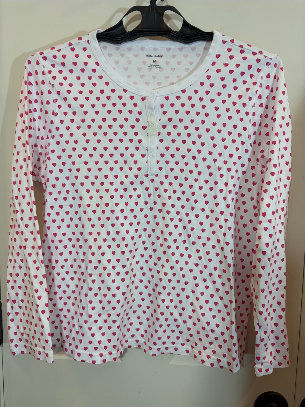 Roller Rabbit White Long-Sleeve Henley Top with Pink Heart Print
